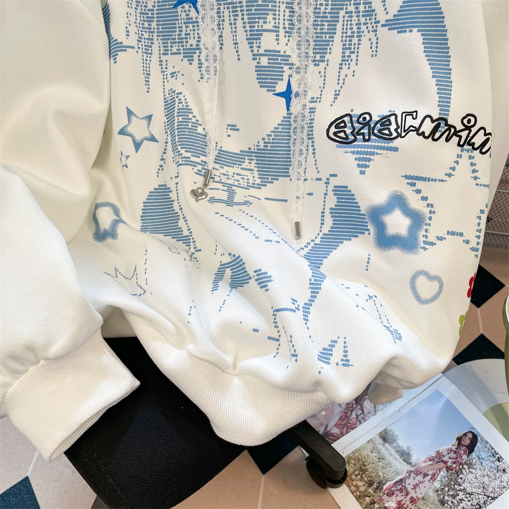 Áo hoodie có mũ trùm đầu hình cô gái hoạt hình hai chiều theo phong cách retro của Mỹ, phong cách lười biếng sang trọng đầu thu y2k nhẹ nhàng theo phong cách châu Á