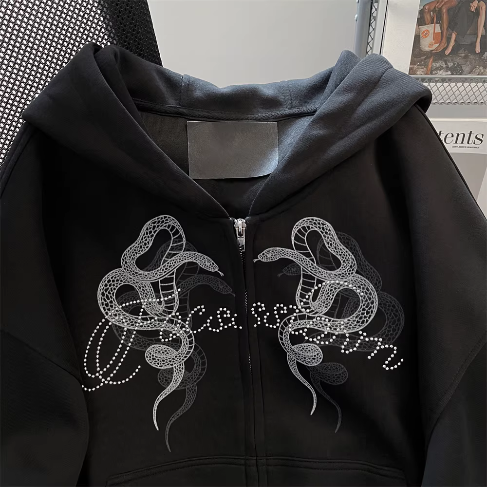 Áo khoác cardigan có mũ trùm đầu phong cách gothic punk đính đá cho nữ, áo khoác oversize dày dặn mùa thu dành cho cặp đôi