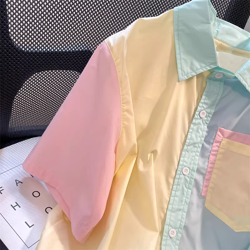 Áo sơ mi ngắn tay màu khối màu macaron dành cho nữ, thiết kế theo phong cách Hàn Quốc, kiểu dáng rộng rãi, thoải mái, thích hợp làm trang phục công sở mùa hè.