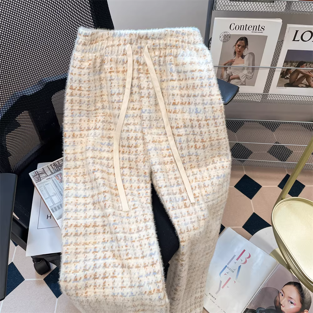 Quần dài ống rộng chất liệu tweed kẻ ô vuông dày dặn lông chồn dành cho phụ nữ nhỏ nhắn mùa thu đông