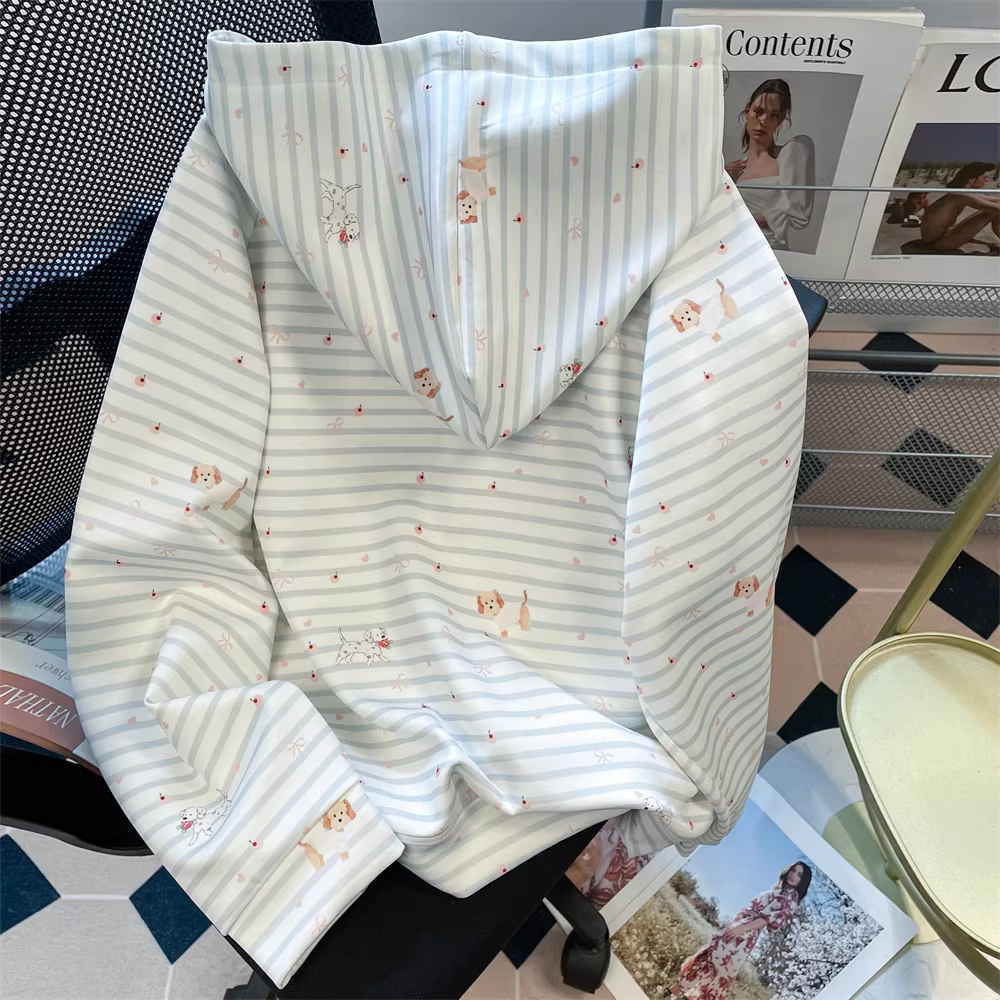 Áo khoác len in hình chó con kiểu Nhật dành cho nữ, áo có mũ trùm đầu sọc độc đáo và đẹp mắt cho mùa xuân và mùa thu.