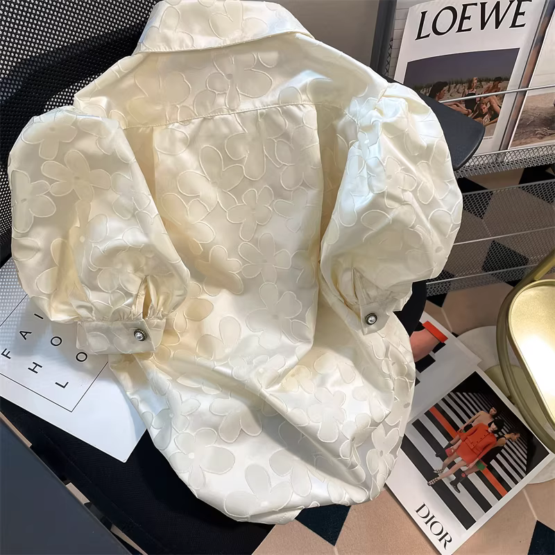 Áo sơ mi ngắn tay kiểu JK jacquard dành cho nữ, thiết kế theo phong cách Pháp mùa hè, kiểu dáng phồng tay ngắn phong cách Hồng Kông