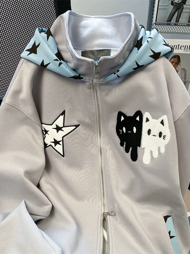 Áo hoodie thêu hình ngôi sao theo phong cách Mỹ dành cho nữ, áo khoác cardigan phong cách y2k mùa thu đông