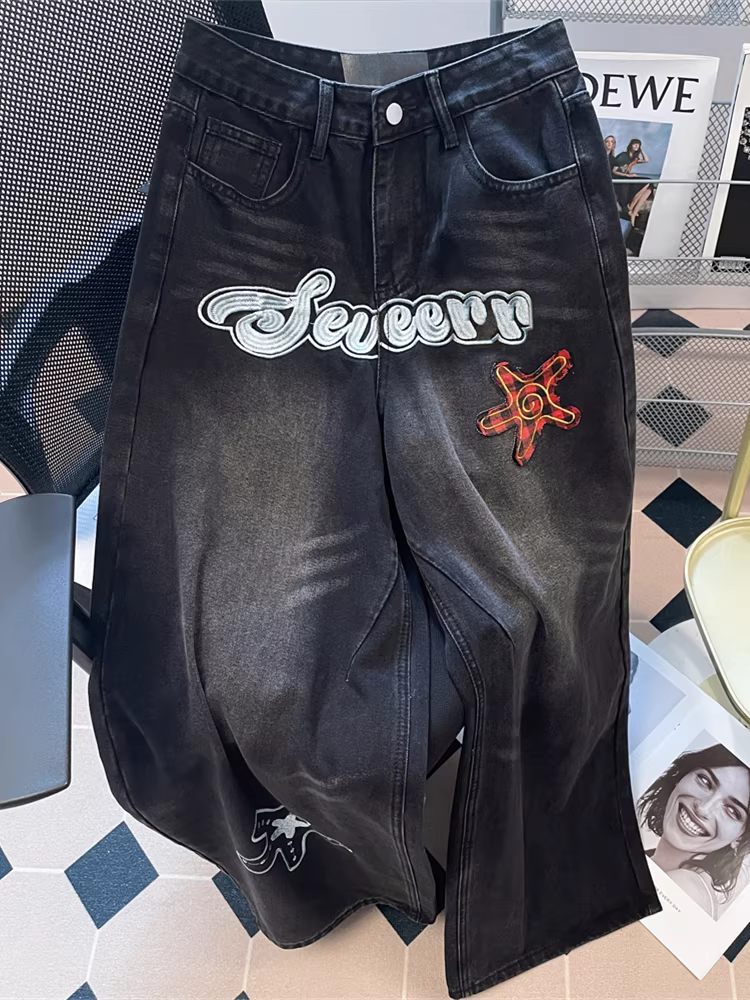 Quần jean nữ thêu sao phong cách đường phố Mỹ, quần ống rộng dáng thẳng cao cấp mùa thu cổ điển