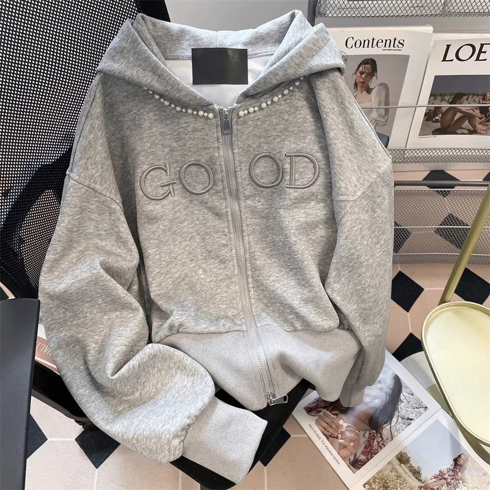 Áo khoác len thêu ngọc trai kiểu retro Mỹ dành cho nữ trong mùa thu áo cardigan dáng rộng có khóa kéo đôi dáng rộng