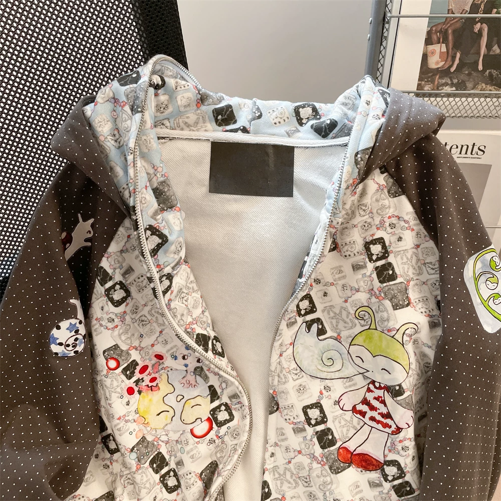 Áo khoác nỉ in họa tiết chấm bi phong cách Nhật Bản dành cho nữ, mùa thu 2025, áo khoác cardigan có mũ đôi độc đáo và siêu phong cách.