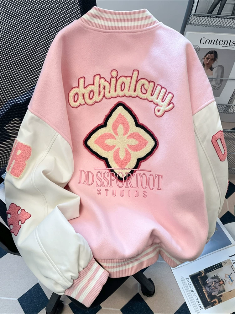 Áo khoác thêu nặng kiểu đại học Mỹ dành cho nữ, áo khoác bóng chày cao cấp mùa thu đông có phong cách độc đáo