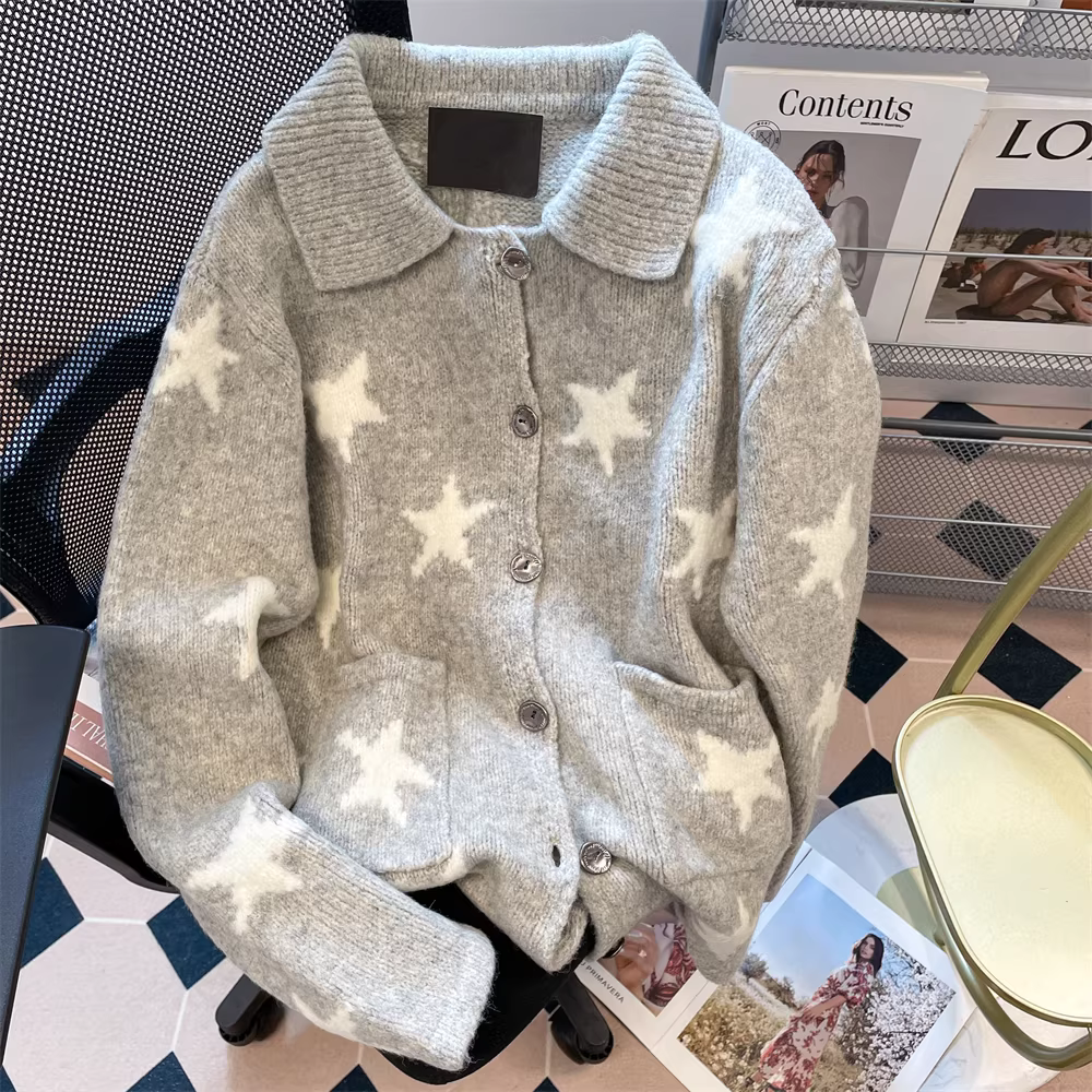 Áo len cardigan màu xám có cổ hình ngôi sao kiểu Hàn Quốc siêu đẹp dành cho nữ trong mùa thu đông, phong cách lười biếng, áo khoác dệt kim cao cấp