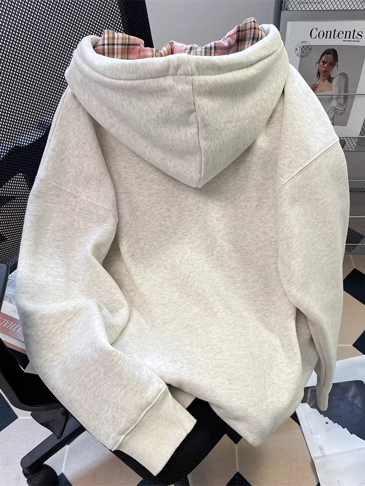 Áo len cardigan chắp vá kiểu dáng độc đáo theo phong cách Hàn Quốc dành cho nữ, dáng rộng, mùa xuân và mùa thu, phong cách lười biếng, áo khoác có mũ trùm đầu thông thường.