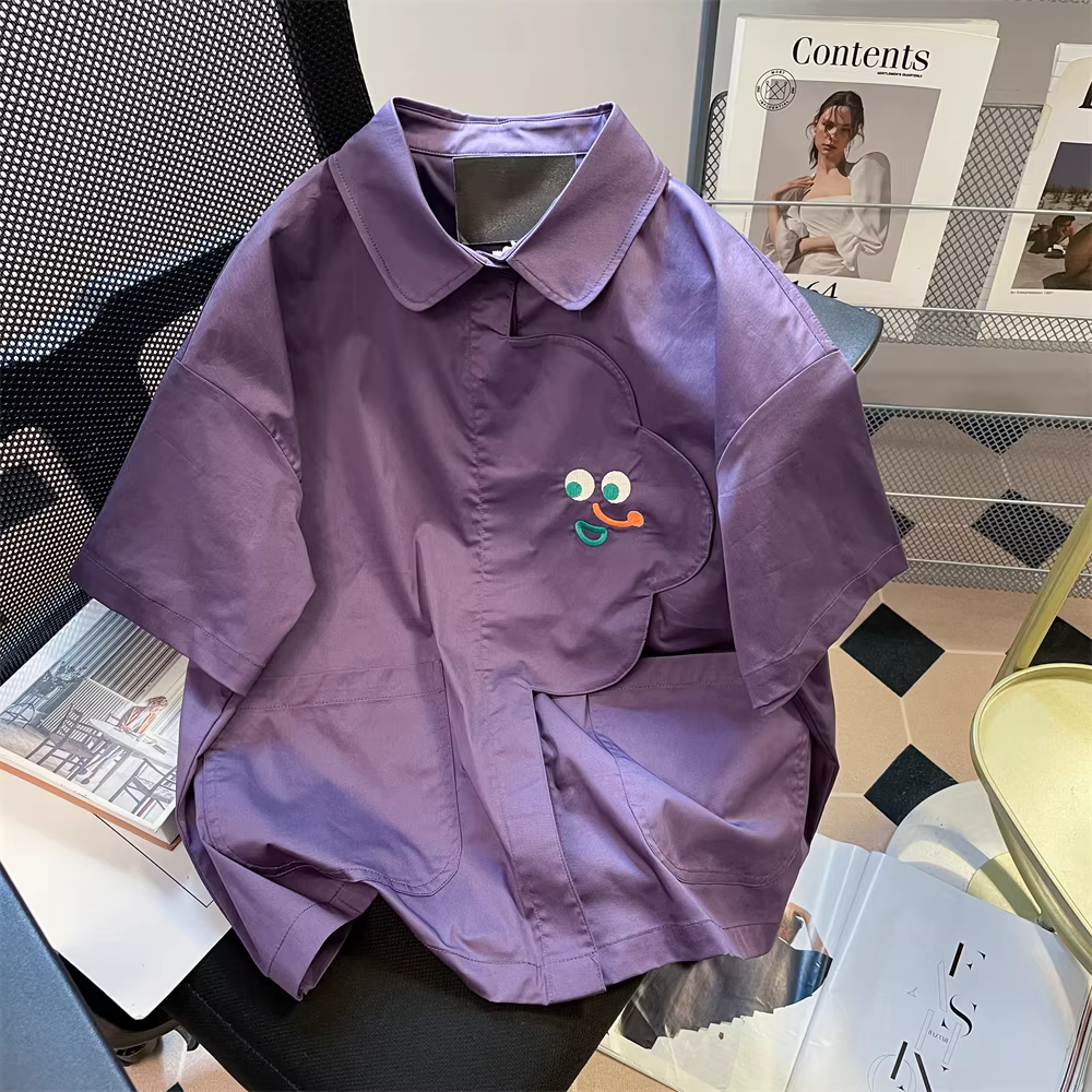 Áo sơ mi nữ tay ngắn kiểu Hàn Quốc dễ thương, năng động, rộng rãi, mùa hè 2025, mẫu mới thịnh hành, phong cách retro, màu tím siêu xinh