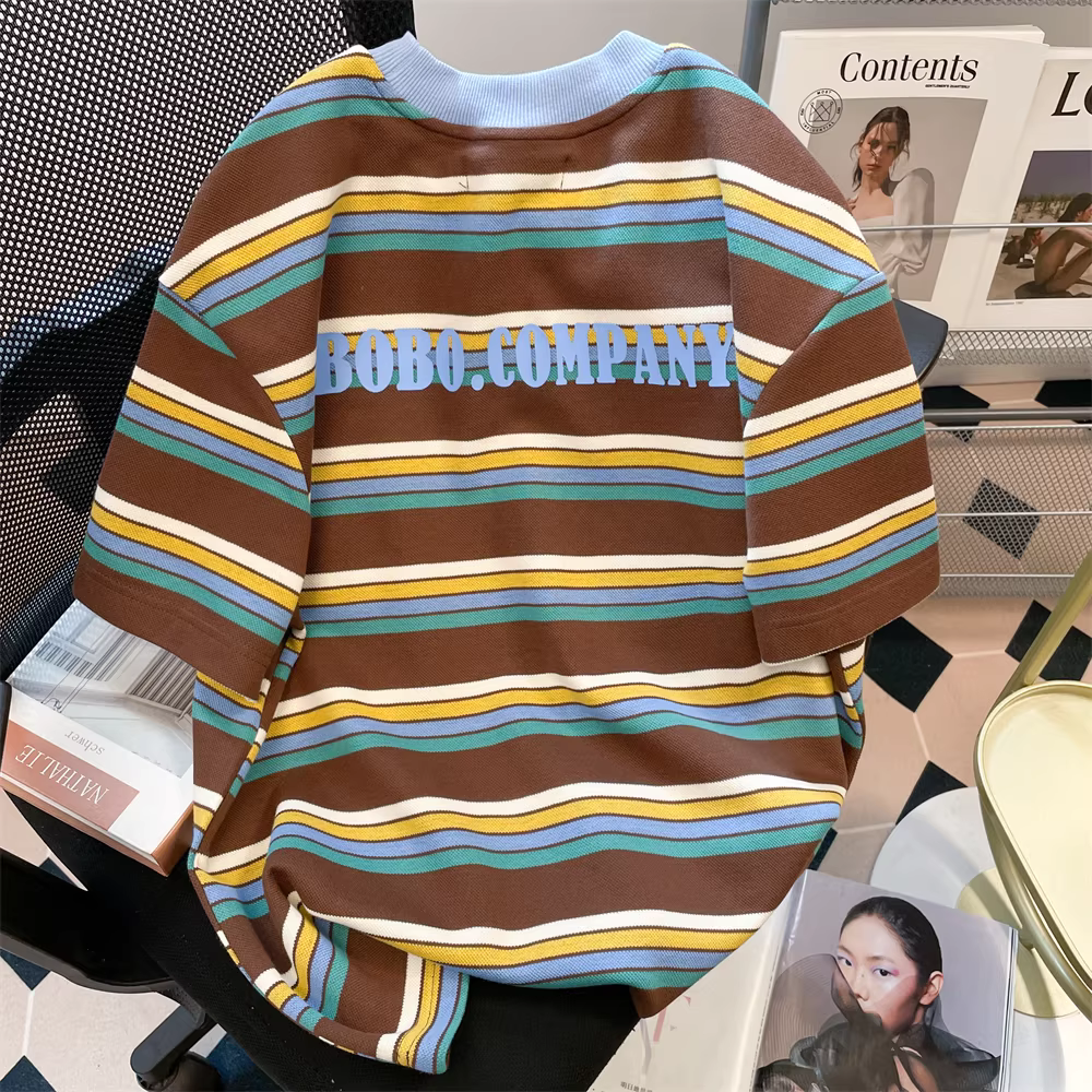 Áo thun nữ tay ngắn kẻ sọc phối màu phong cách đại học Mỹ, kiểu mới hè 2025, áo kiểu dáng năng động, thoải mái