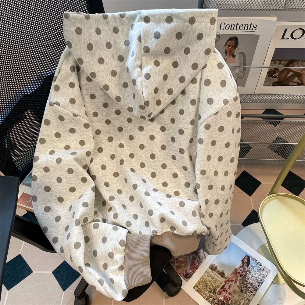 Áo khoác có mũ trùm đầu thêu chữ chấm bi phong cách Mỹ dành cho nữ, áo khoác hoodie có khóa kéo dáng rộng giản dị mùa xuân và mùa thu