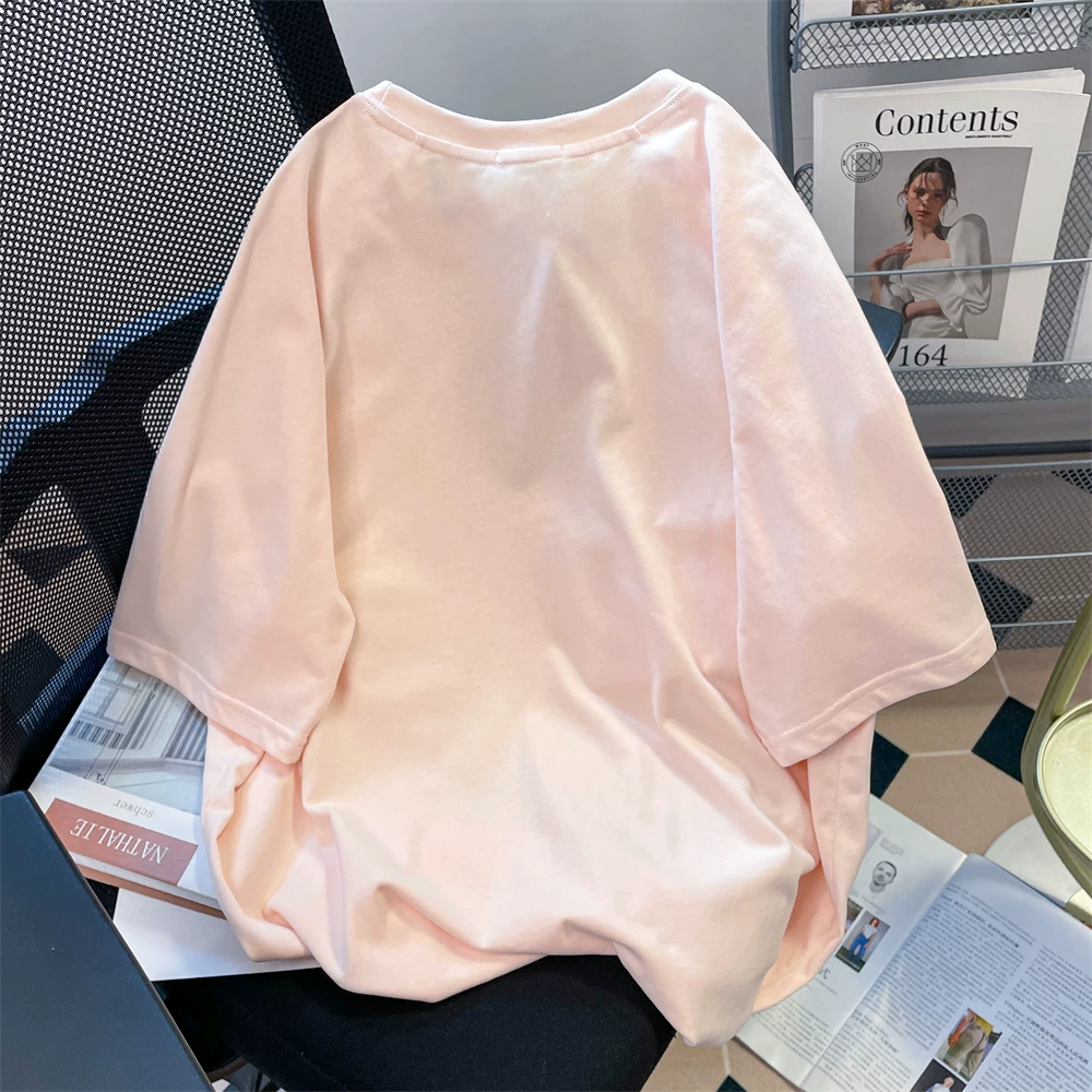 Áo thun ngắn tay màu hồng dễ thương bằng cotton nguyên chất dành cho nữ trong mùa hè, kiểu dáng cổ điển rộng rãi, áo nửa tay trẻ trung và hợp thời trang.