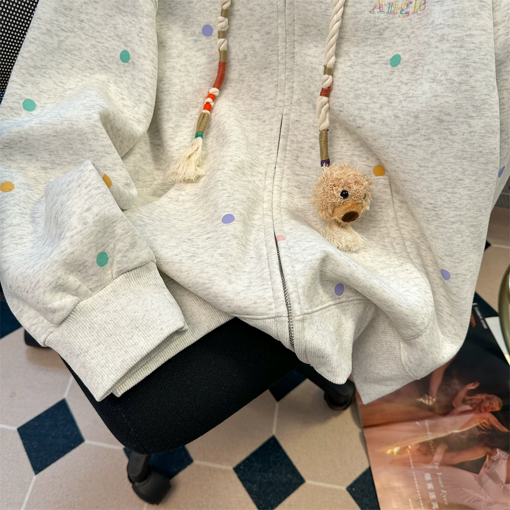 Áo len cardigan họa tiết chấm bi đầy màu sắc phong cách đại học Hàn Quốc dành cho nữ, áo khoác có mũ trùm đầu kiểu Mỹ dáng rộng mùa thu
