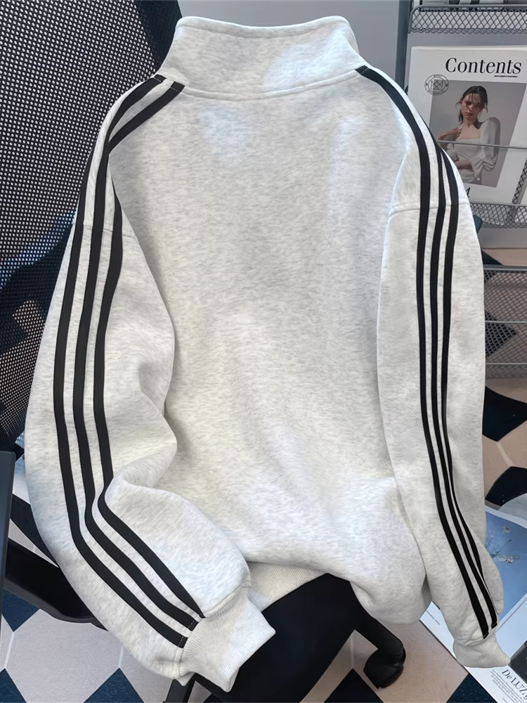 Áo khoác len ba sọc cổ điển kiểu Mỹ dành cho nữ, mặc cho cặp đôi, áo cardigan cổ đứng phong cách thể thao giản dị mùa thu đông