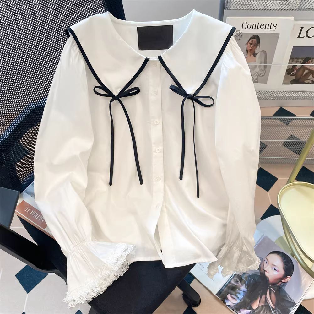 Áo sơ mi buộc dây cổ búp bê kiểu Pháp sang trọng và đẹp mắt dành cho nữ vào mùa thu, mang lại cảm giác cao cấp, áo tay chuông độc đáo và đẹp mắt.