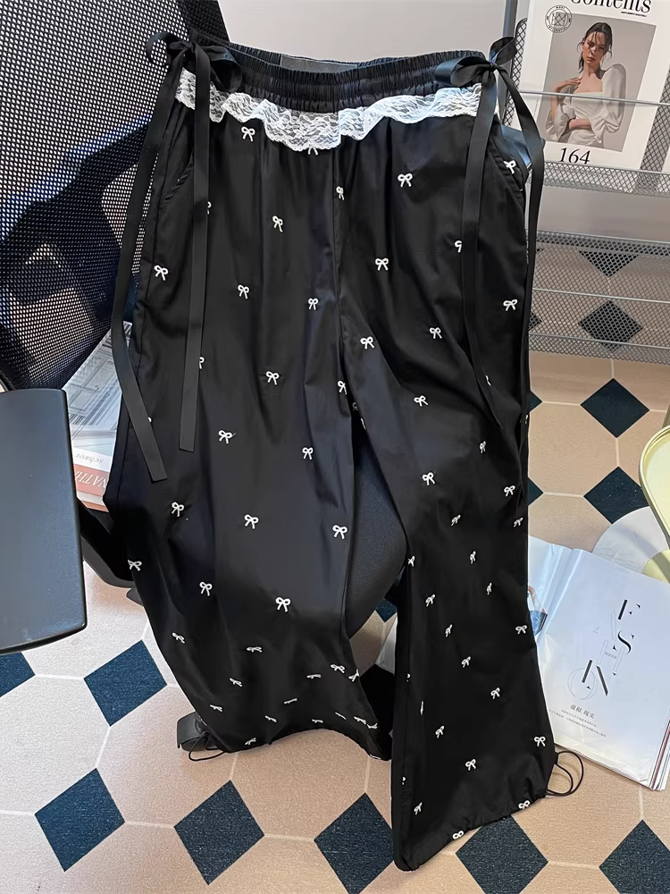 Quần ống rộng phối ren thắt nơ màu đen dành cho nữ, quần dài dáng suông lưng cao chất liệu voan mùa hè, quần dài suông mặc thường ngày