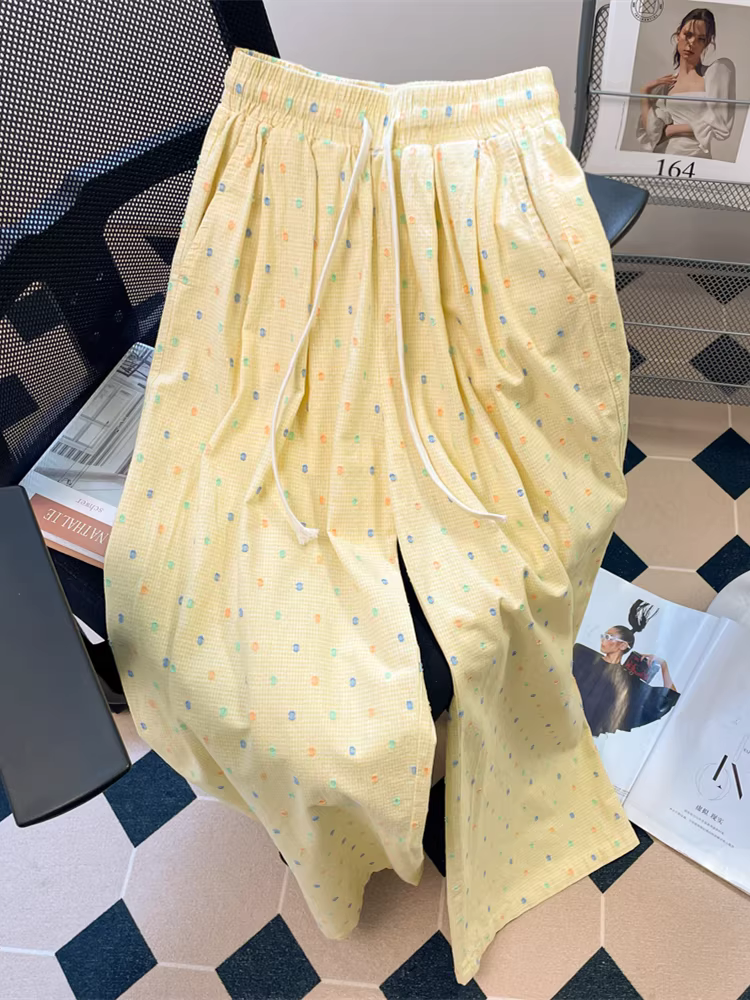 Quần dài thường ngày màu kem chấm bi kiểu Nhật dành cho nữ, dáng rộng mùa hè, quần ống rộng dáng thẳng kiểu dopamine nhỏ nhắn