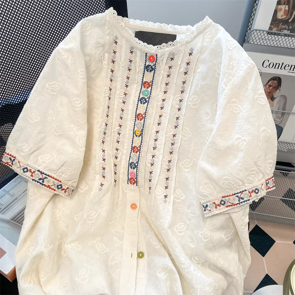 Áo sơ mi ren thêu nặng kiểu dân tộc cổ điển dành cho nữ, mẫu mới hè 2025, phong cách Pháp thanh lịch, đẹp, tay ngắn