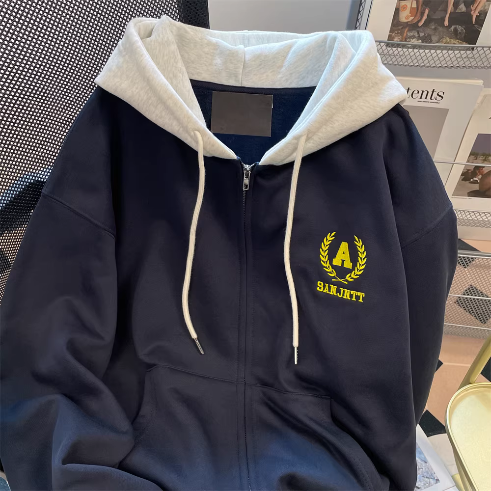 Áo khoác có mũ trùm đầu có khóa kéo thêu hình lúa mì theo phong cách Mỹ dành cho nữ, áo nỉ thường ngày dành cho cặp đôi thiết kế độc đáo màu xanh hải quân mùa thu