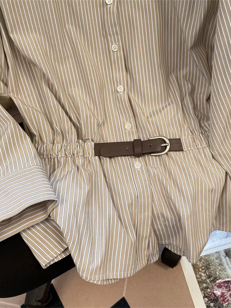 Áo sơ mi sọc cổ chữ V kiểu Pháp dành cho nữ, thời trang mùa thu, đa năng và thanh lịch, áo dáng rộng thích hợp đi làm.