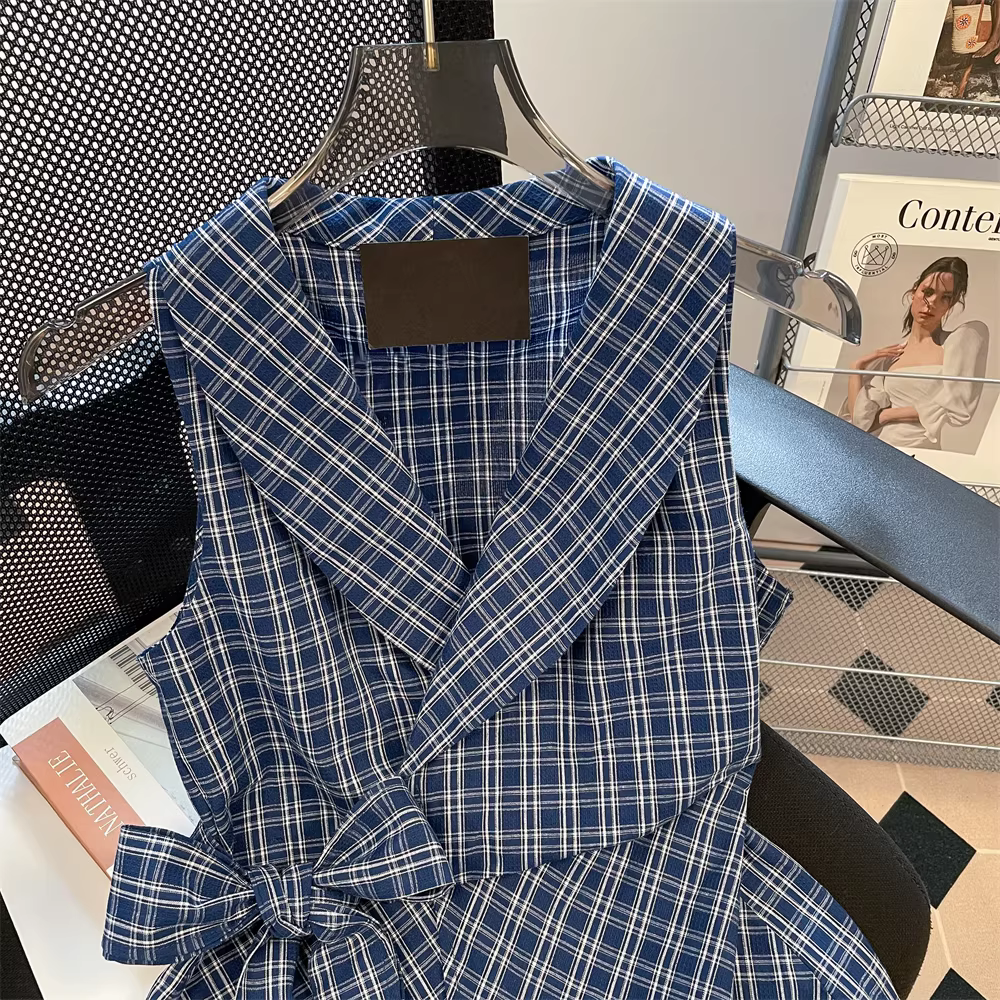 Áo sơ mi kẻ sọc cổ chữ V thắt nơ kiểu Pháp dành cho nữ, áo khoác ngoài không tay mùa hè