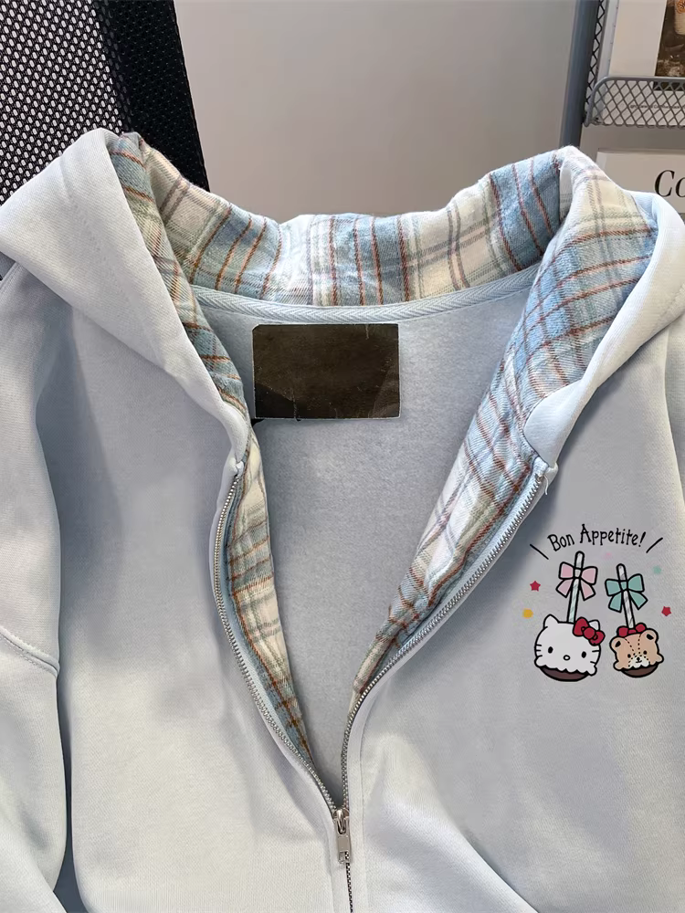 Áo len mèo Kitty ngọt ngào độc đáo phong cách Hàn Quốc dành cho nữ thiết kế thu đông áo khoác có mũ trùm đầu chắp vá kẻ sọc