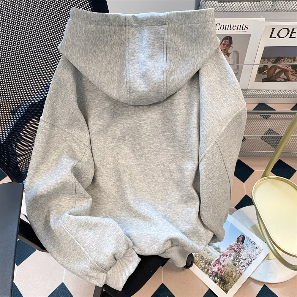 Áo khoác cardigan có mũ trùm đầu cổ cao kiểu Hàn Quốc dành cho nữ, kiểu dáng mỏng đầu thu, áo khoác thường ngày thêu dày dành cho cặp đôi.