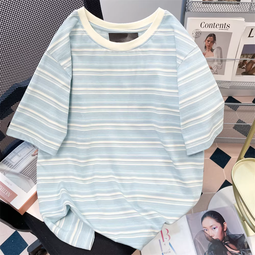 Áo thun cotton nguyên chất có sọc màu phối màu bên vai phải dành cho nữ, áo thun ngắn tay mùa hè phong cách Hàn Quốc đa năng, phong cách giản dị, kiểu Hồng Kông, áo nửa tay