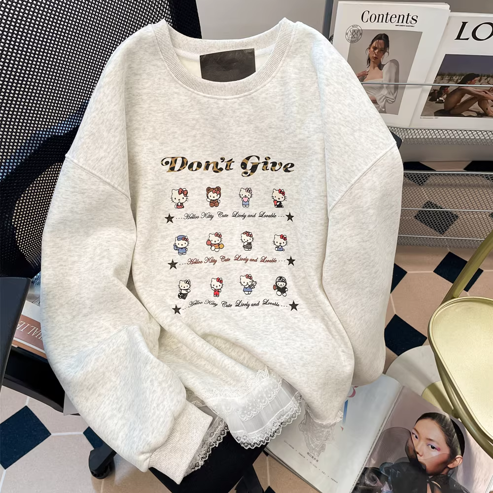 Áo len hình mèo mèo chắp vá ren ngọt ngào kiểu Nhật dành cho nữ, mùa thu đông, lót lông cừu, siêu xinh, độc đáo và tinh tế.