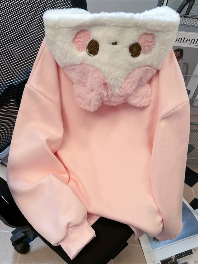 Áo hoodie thêu tai mèo dễ thương kiểu Nhật dành cho nữ, phong cách thu đông, áo giảm tuổi hợp thời trang và ngọt ngào dành cho học sinh trung học.