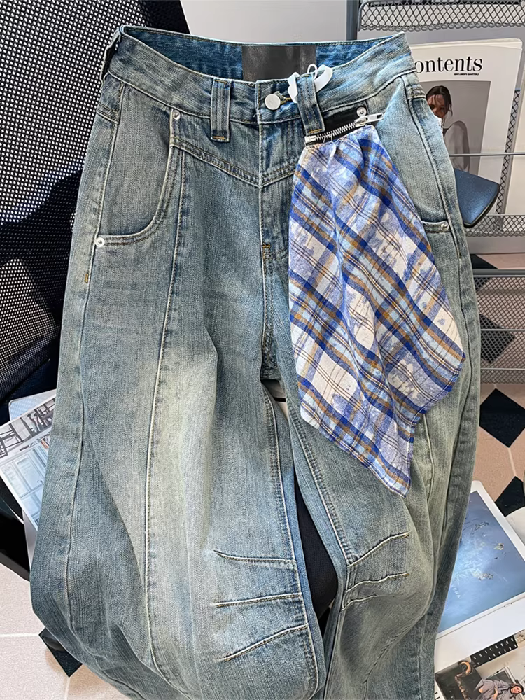 Thiết kế theo phong cách Mỹ, khăn vuông độc đáo, quần jean kiểu scimitar, quần dài ống rộng dáng rộng cao cấp dành cho nữ mùa thu