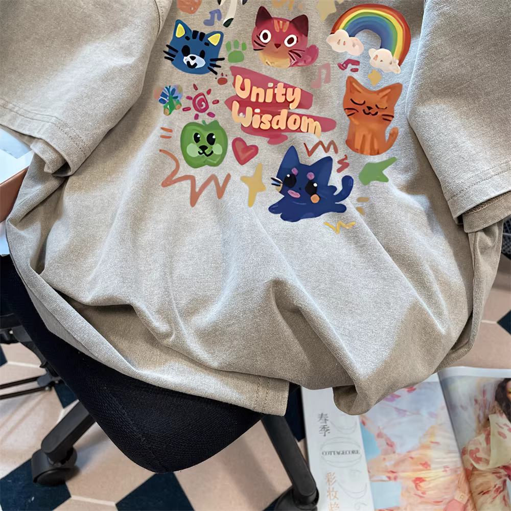 Áo thun ngắn tay phong cách đường phố Mỹ hình mèo hoạt hình ngộ nghĩnh dành cho nữ, áo kiểu dáng rộng rãi, thoải mái, hợp thời trang mùa hè