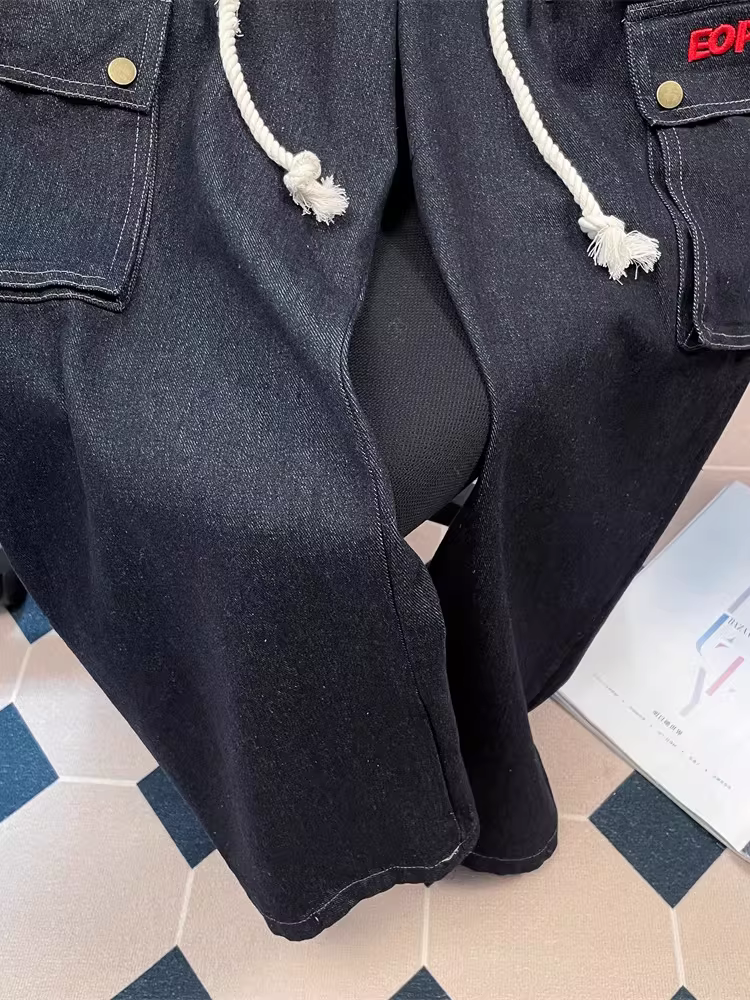 Quần jean kiểu Mỹ cổ điển có túi lớn dành cho nữ, mùa thu đông, cỡ lớn, quần denim rộng ống thẳng