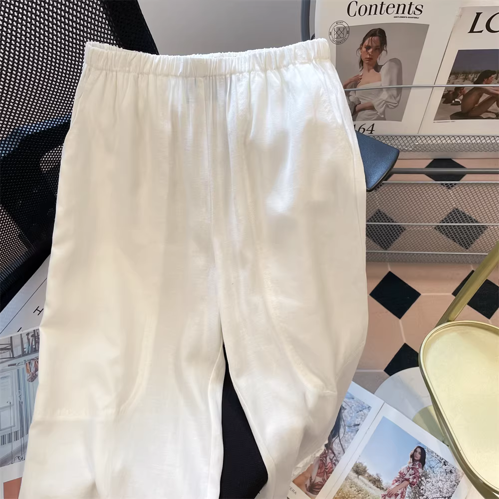 Quần lanh trắng xếp ly, kiểu dáng suông, ngắn, dành cho nữ, đa năng mùa hè, thoải mái và rộng rãi, kiểu dáng thẳng, ống rộng.