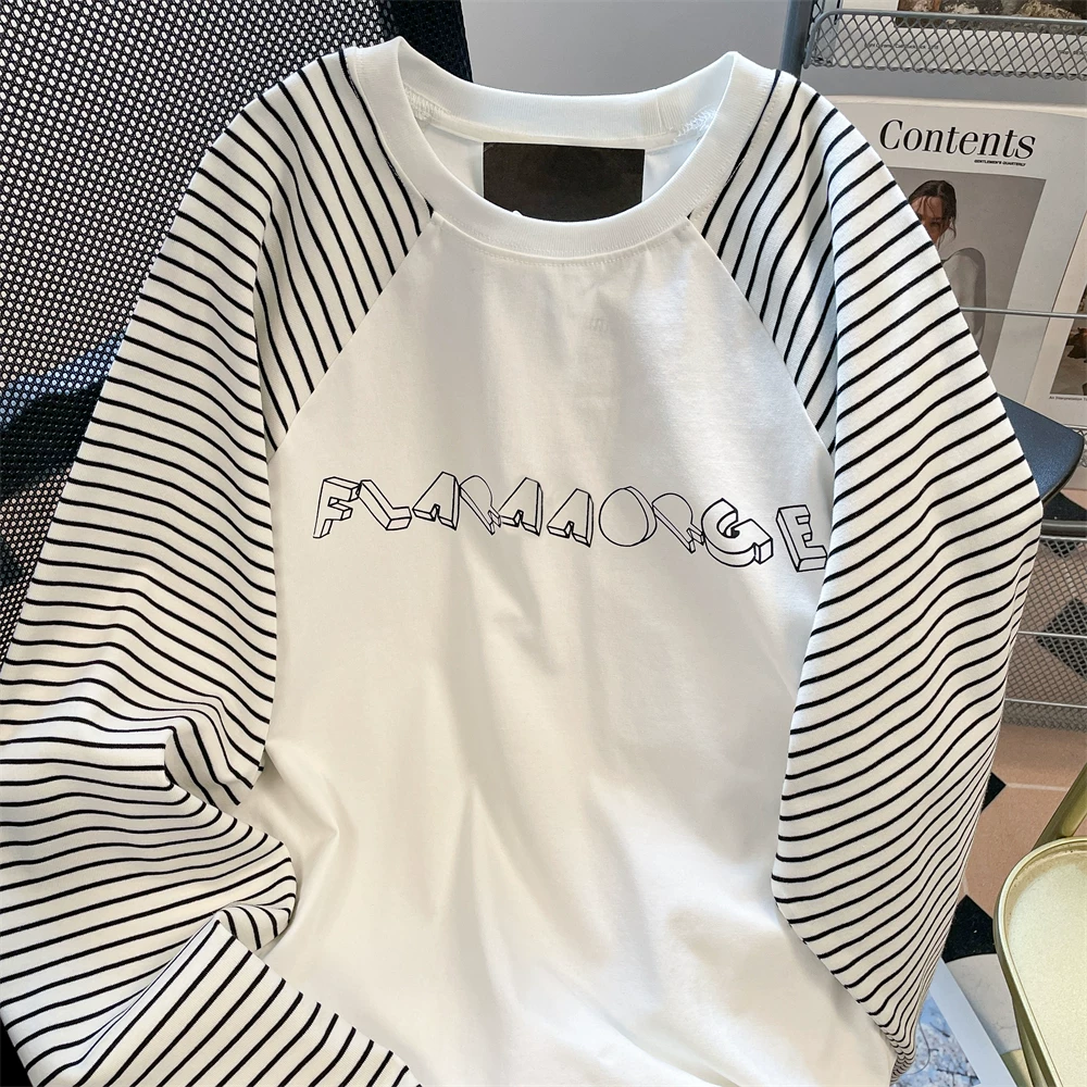 Áo thun dài tay raglan sọc cotton nguyên chất có họa tiết chữ chắp vá dành cho nữ, áo bên trong dáng rộng vừa vặn thường ngày mùa thu.