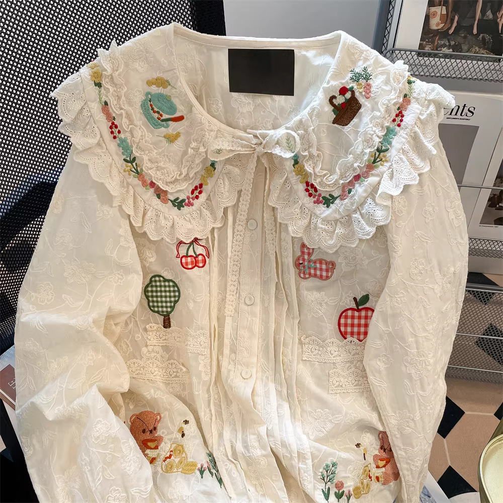 Áo sơ mi dài tay cổ búp bê ren ngọt ngào kiểu Nhật dành cho nữ, thiết kế mùa thu, áo sơ mi búp bê thêu hoa độc đáo