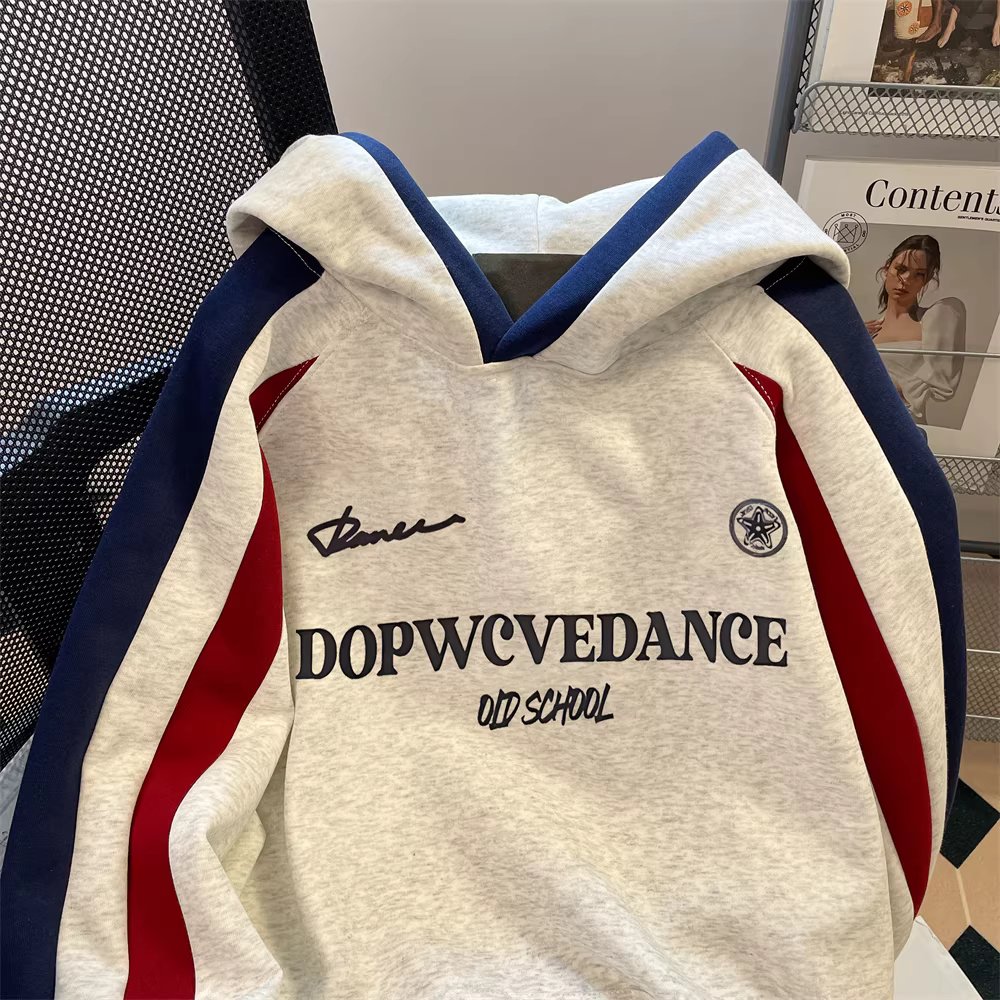 Áo khoác có mũ trùm đầu bằng vải dệt màu phối màu theo xu hướng châu Âu và Mỹ dành cho nữ, phong cách xuân thu, áo khoác cỡ lớn kiểu đường phố cao cấp.