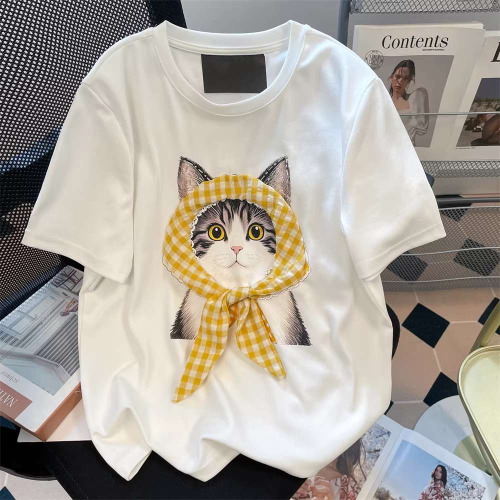 Áo thun ngắn tay hình mèo con dễ thương và vui nhộn bằng cotton nguyên chất mùa hè dành cho nữ, kiểu dáng thời trang, trẻ trung, độc đáo và đẹp mắt.