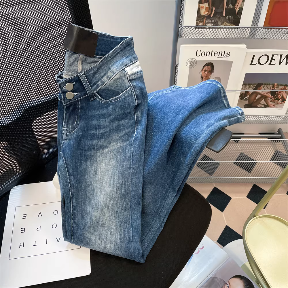 Quần ống loe cạp thấp kiểu Mỹ dành cho nữ, quần denim dáng thẳng ôm sát phối ren mùa xuân thu
