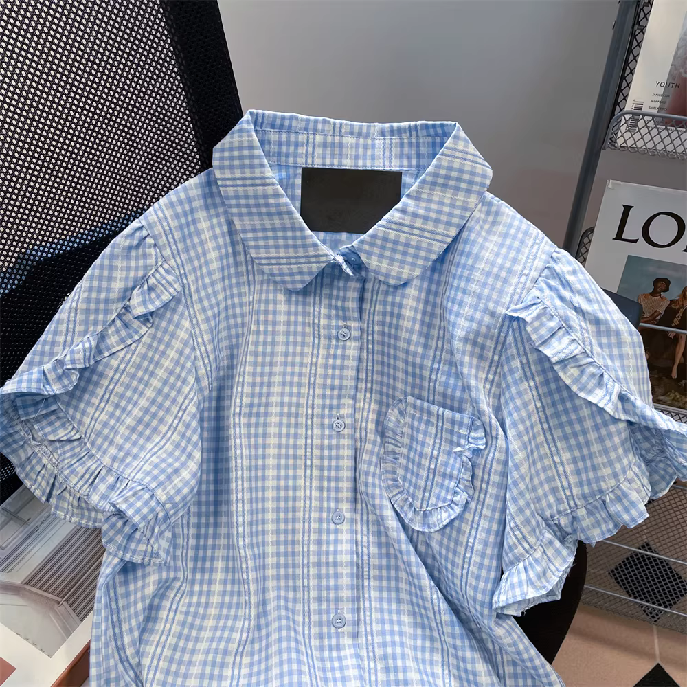 Áo sơ mi kẻ sọc xếp ly thiết kế mùa hè dành cho nữ, áo kiểu Pháp cổ điển ngọt ngào tay phồng độc đáo