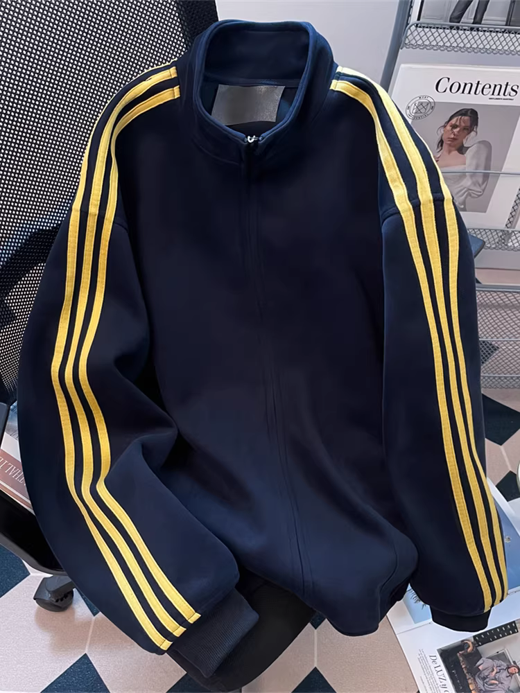 Áo khoác len cổ đứng ba sọc phong cách đường phố kiểu Mỹ dành cho nữ, áo cardigan thường ngày hợp thời trang dành cho cặp đôi mùa thu đông