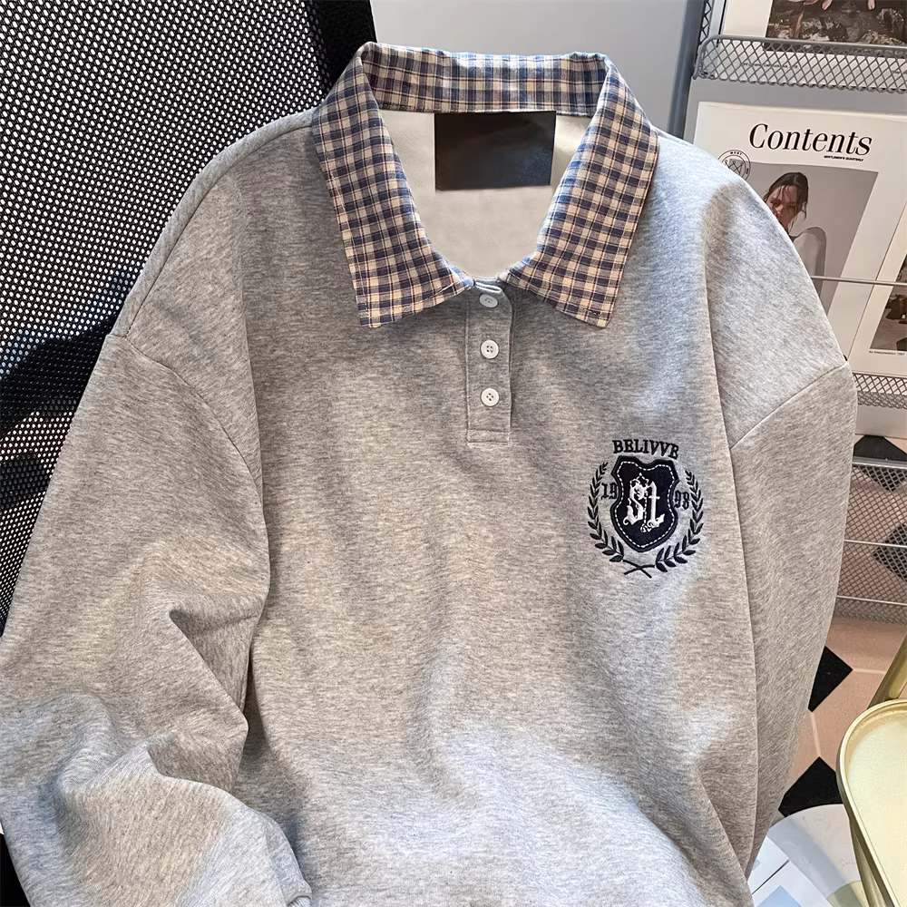 Áo khoác kiểu Mỹ giả hai mảnh phối họa tiết ca rô cổ polo dành cho nữ, mẫu mới thu đông 2025, phong cách retro đại học