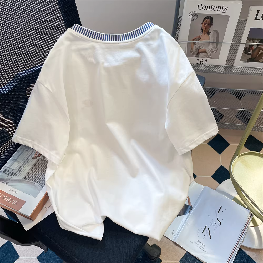 Áo thun sọc phối màu kiểu Pháp đẹp và tinh tế dành cho nữ, áo thun ngắn tay màu trắng rộng rãi và thoải mái mùa hè.