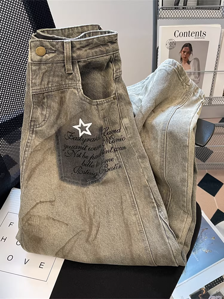 Quần jean công sở dáng ôm eo cao phong cách cổ điển Mỹ dành cho nữ, thiết kế xuân thu, quần ống rộng dáng thẳng dài chấm đất.