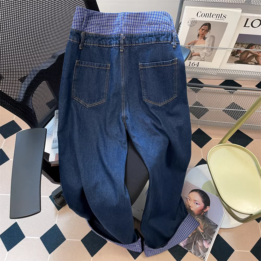 Quần jean kẻ sọc viền gấp đôi kiểu vintage dành cho nữ, thiết kế xuân thu, quần ống rộng dài chấm đất giả hai mảnh độc đáo.
