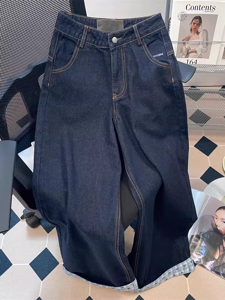 Quần ống rộng denim chắp vá kiểu Hàn Quốc dành cho nữ, quần dài màu xanh đậm mùa thu đông, quần ống đứng lưng cao