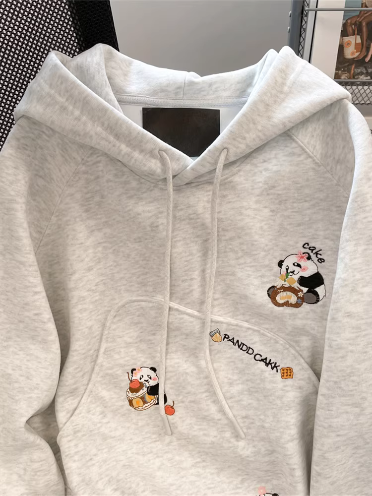 Áo len thêu hình gấu trúc dễ thương phong cách đại học Hàn Quốc dành cho nữ, áo khoác có mũ trùm đầu cao cấp dày dặn lót lông cừu mùa đông.