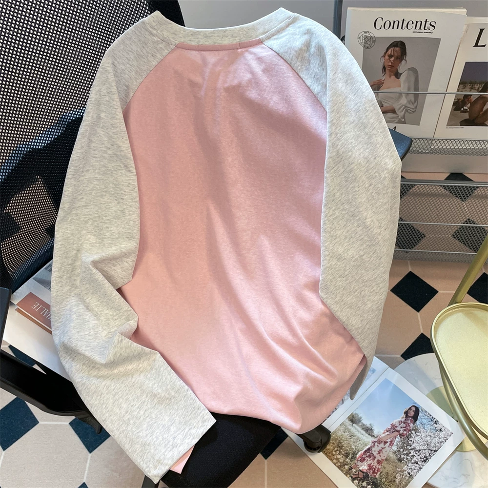 Áo thun tay raglan phối màu phong cách retro Mỹ dành cho nữ, áo sơ mi dài tay dáng rộng, dáng rộng, giản dị, dáng rộng, mùa thu