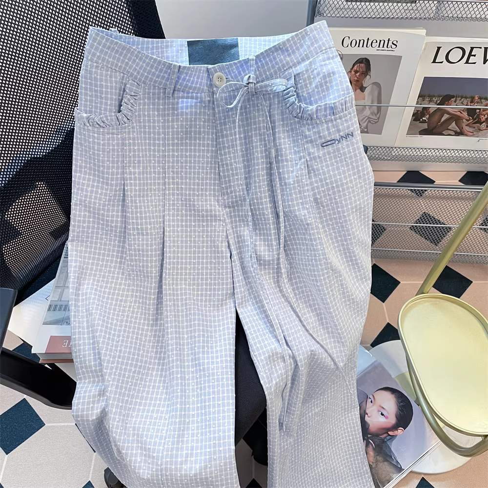 Quần ống rộng kẻ sọc phong cách Hàn Quốc dành cho nữ, dáng rộng thoải mái mùa hè có nơ, quần ống thẳng thông thường